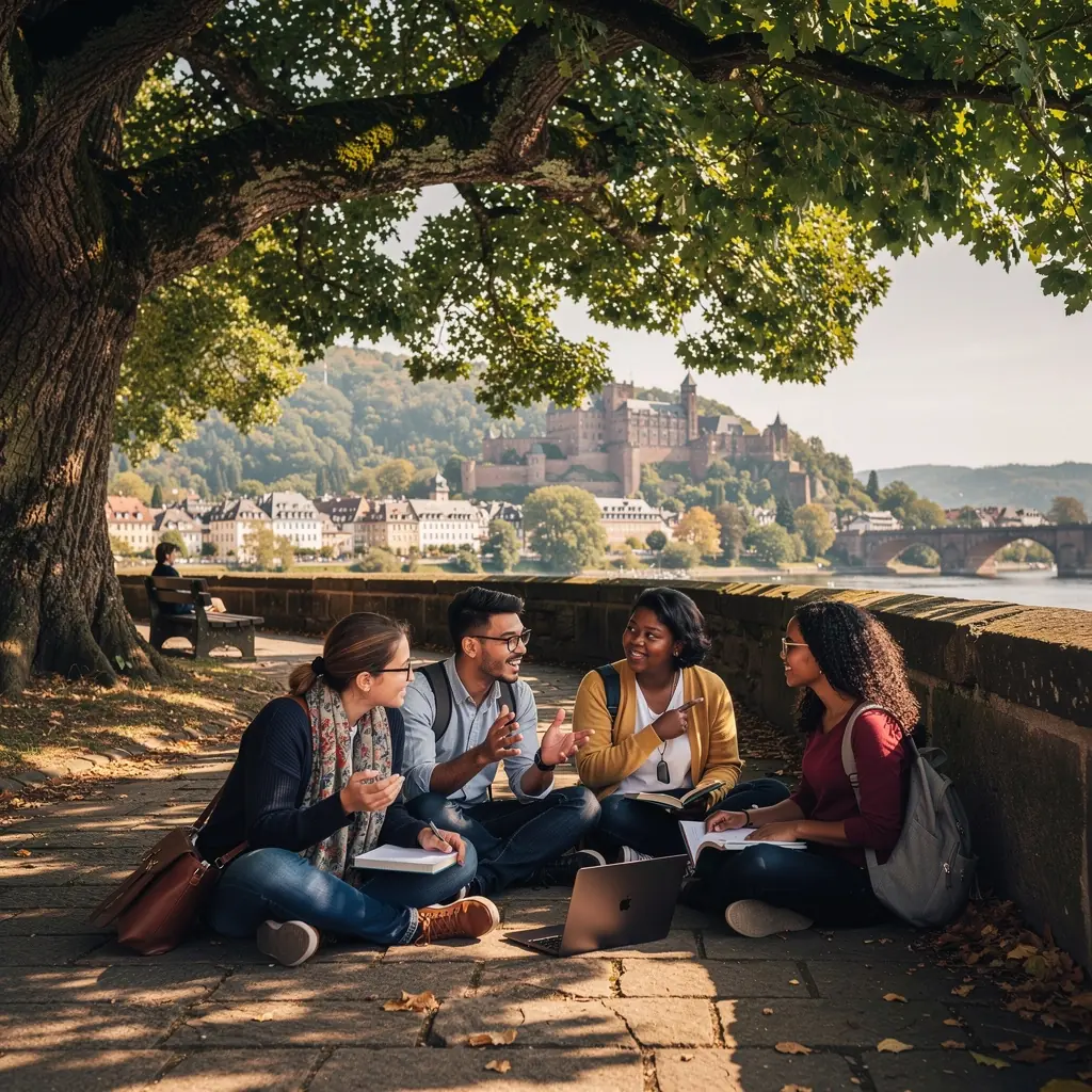 Blick auf die majestätische Schlossruine von Heidelberg, umgeben von sanften Hügeln und Bäumen.